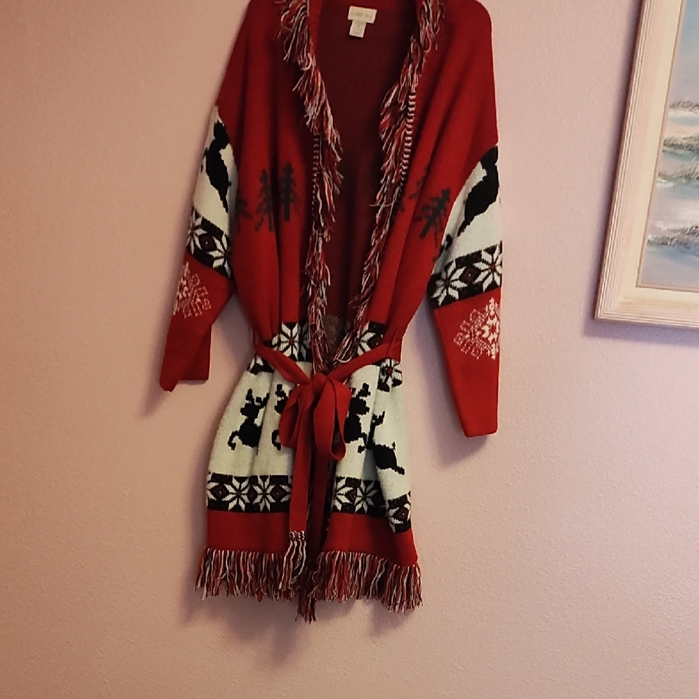 Festive Red and Black Cardigan with Fringe